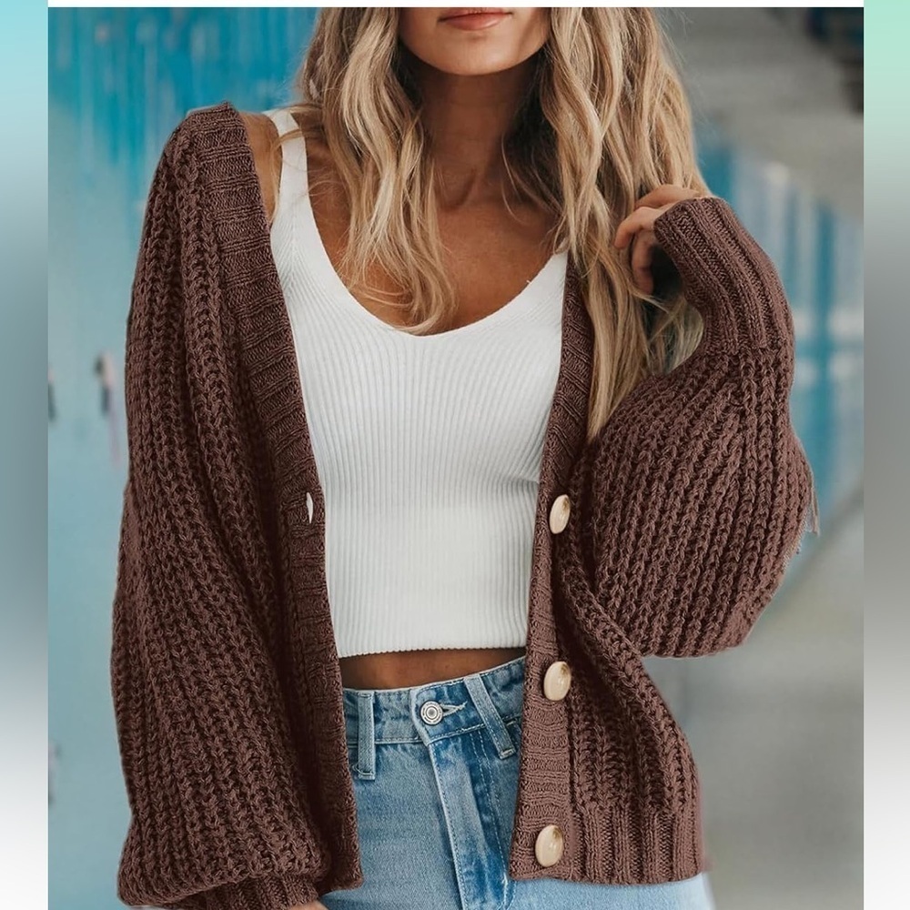 Chunky Knit Open Front Sweater Long Sleeve Button Loose Short Cardigan
8096